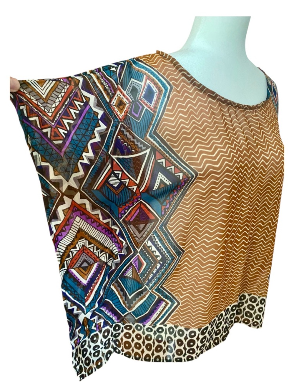 One Clothing Boho Geometric Dolman Blouse Medium Sheer Batwing Top